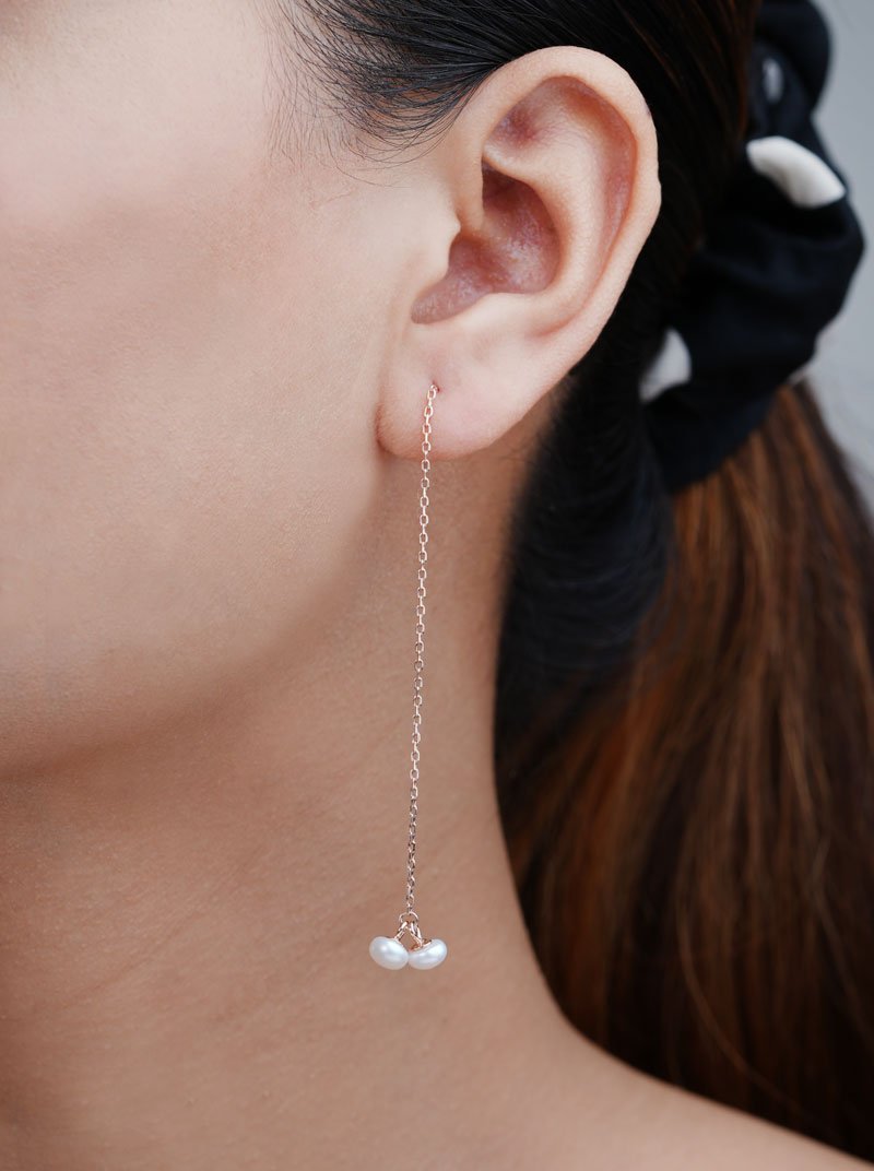 Twin Pearl Threader Earrings (Pure Silver) - Rose Gold